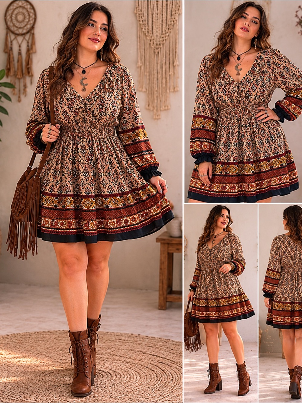 BOHO Ruffle-Neck Women’s Earthy Flowy Western Mini Dress Size OXL